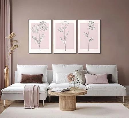 Lark Manor™ 3 Pieces Minimalism Botanical Canvas Wall Art Pink Flowers Line Plants Pictures Wall Decor Posters Print Artwork For Room Living Room Bedroom Bathroom Office Home Decoration