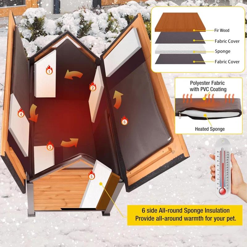 Archie & Oscar™ Insulated Outdoor Dog House with Insulated Liner, Anti-Chewing Iron Frame Wooden Dog Kennel with Unique Design Roof, Weatherproof Dog House for Outdoor Indoor