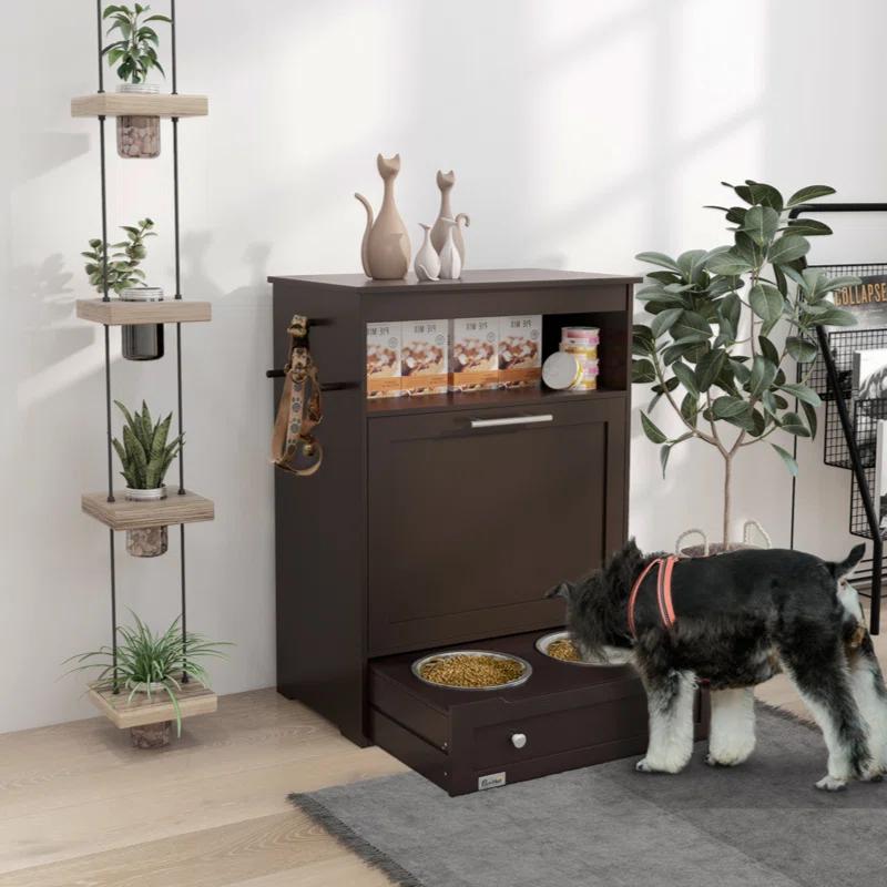 Lark Manor™ Buellton Pawhut Pet Feeder Station, Storage Cabinet Dog Food Storage Container With Raised Dog Bowls And Hanger