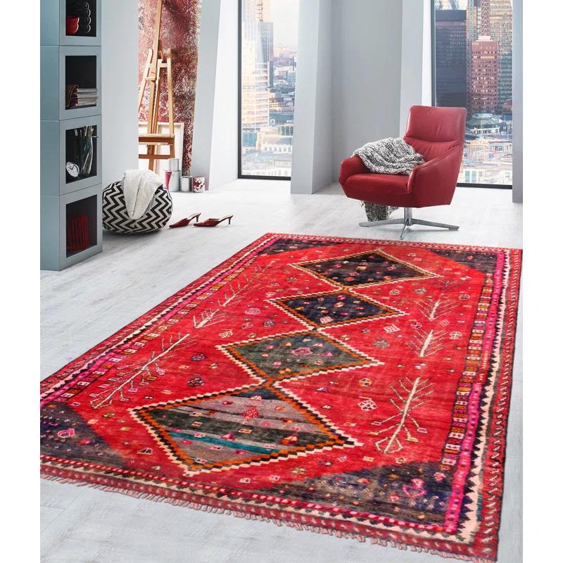 Pasargad Vintage One-of-a-Kind Rectangle 4'6" X 9' 1940s Wool Area Rug in Red/Black/White