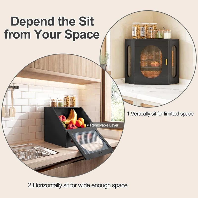 Hokku Designs Corner Bread Storage Container Double Layer Wooden Breadbox Homemade Bread Loaf Bin Farmhouse Coffee Bar Pantry Shelf With Acrylic Window, Black