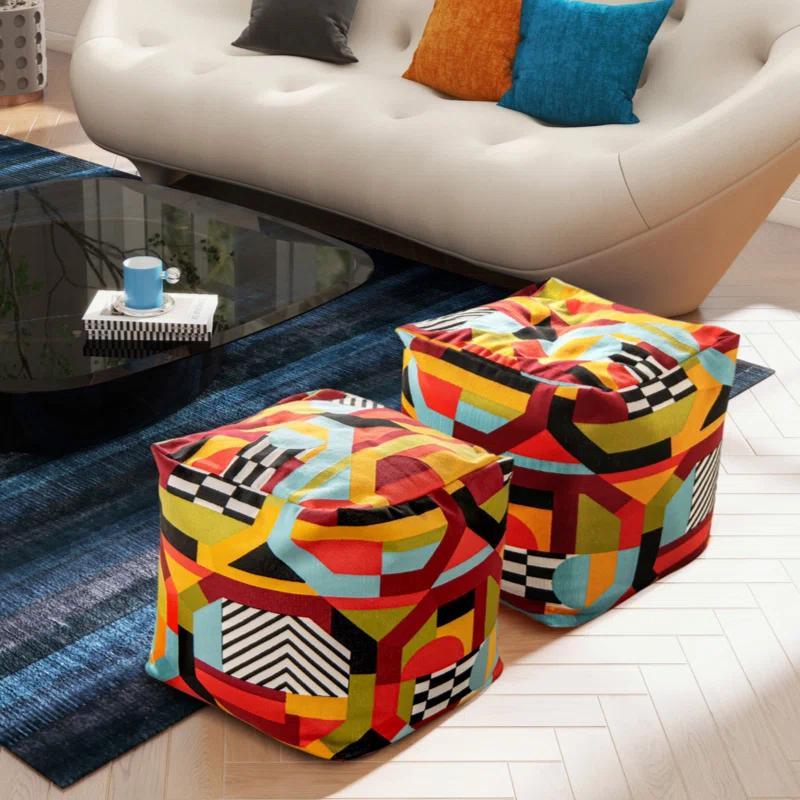 Orren Ellis Pouf 20" Luxury Oversized Bean Bag Cube Ottoman, Colorpop Multicolored Embroidery