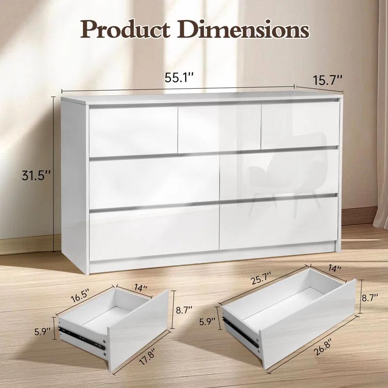 Ebern Designs White Dresser for Bedroom with 7 Drawers, Modern High Gloss Large Dresser with 7 Handle Free Drawers, 55 Inch Wooden Long Dresser, Storage Chest of Drawers