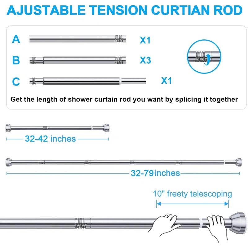OUMIKEJI Shower Curtain Rod, 27-76 Inch Adjustable Tension Spring, Shower Curtain Rod Tension, Premium Stainless Steel, Anti-Slip, No Drilling, No Rust, For Bathroom, Silver