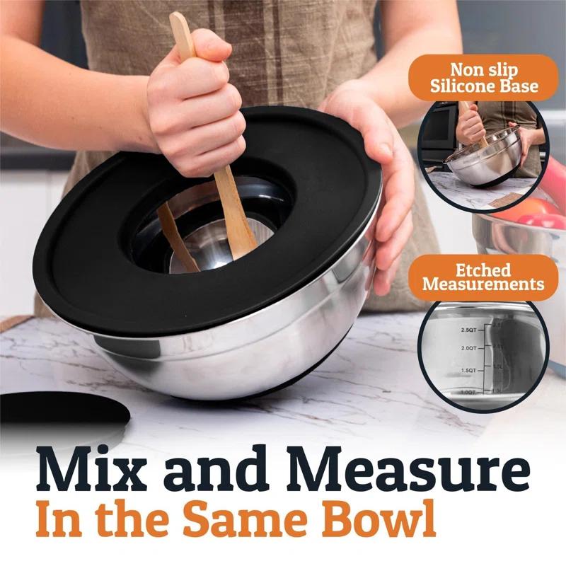 FAST APPLIANCES LLC 6Pc Large Mixing Bowls With Lids Set With Non-Slip Bases, Stainless Steel Mixing Bowl Set, 6 Airtight Lids And 3 Graters, Black