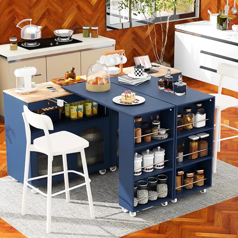 Winston Porter Rolling Kitchen Island With Extended Table, Kitchen Island On Wheels With LED Lights,Power Outlets And 2 Fluted Glass Doors, Kitchen Island With A Storage Compartment And Side 3 Open Shelves