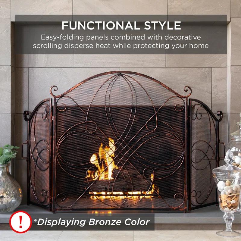 Winston Porter Lissowski 3-Panel 55"x33" Wrought Iron Fireplace Safety Screen Decorative Scroll Spark Guard Cover