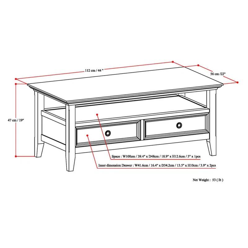 Simpli Home Amherst 44"W Solid Wood Transitional Coffee Table with Open Shelf and 2 Drawers