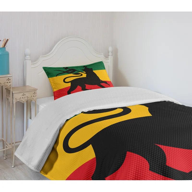 Ambesonne Ambesonne Rasta Bedspread Set Lion Reggae Striped Flag Art Yellow Black