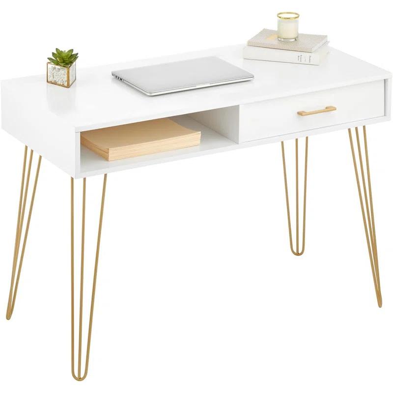 mDesign Metal/Wood Home Office Desk with Drawer, Hairpin Legs