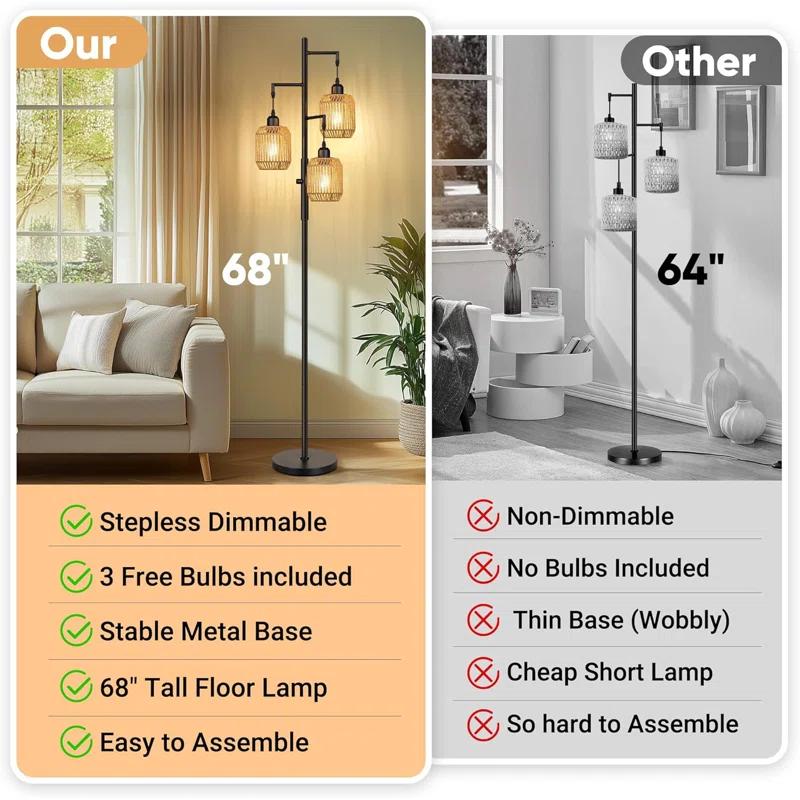 Breakwater Bay Dimmable Boho Floor Lamp - 3 Light Farmhouse Rattan Floor Lamp For Living Room, Industrial Tree Floor Lamps With 3 X 6W LED Bulbs, Rustic Standing Tall Lamp For Bedroom, 68", Black + Gray