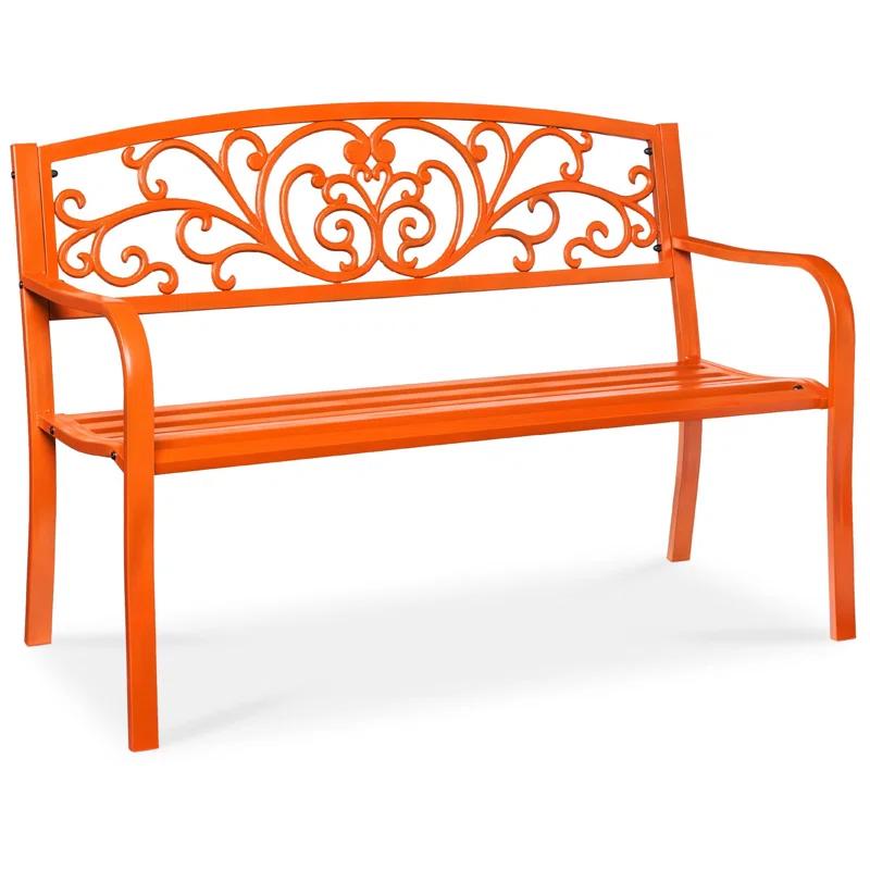 World Menagerie Outdoor Steel Bench with Floral Backrest & Slatted Seat, Marigold for Garden, Patio, Porch, Lawn, and Deck