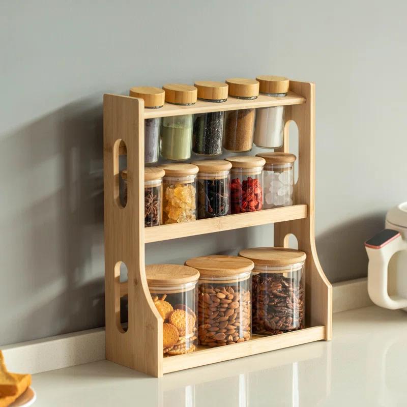 Basicwise Basicwise Versatile 3-tier Bamboo Spice Rack And Pantry Organizer With 13 Glass Jars – Perfect For Countertop Storage In Kitchens To Keep  Seasoning Containers Neatly Displayed And Easily Accessible