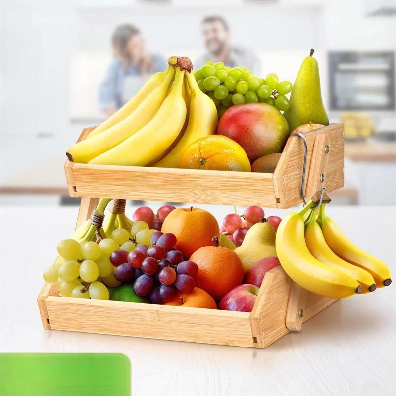 Foundry Select Fruit Basket W/Banana Hanger, 2-Tier Bamboo Fruit & Vegetable Storage Organizer For Kitchen Counter, Lightweight & Easy Assembly Countertop Fruit Stand Holder Bowl