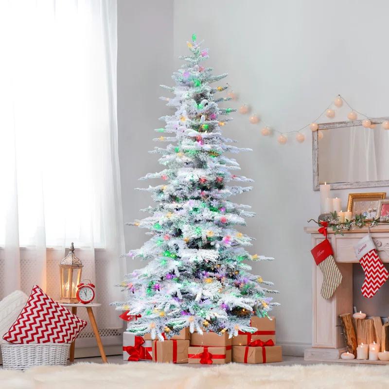 Fraser Hill Farm Flocked Mountain Pine Christmas Tree with LED Lights