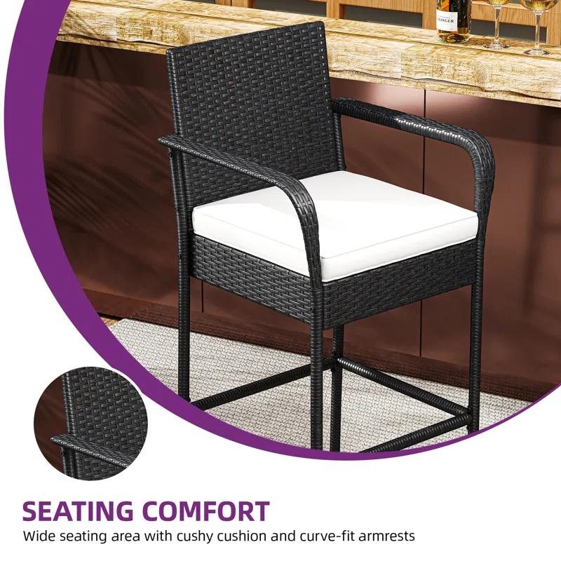 Winston Porter Winston Porter Set Of 2 Patio Wicker Counter Stools Outdoor Bar Height Chairs With Soft Cushions