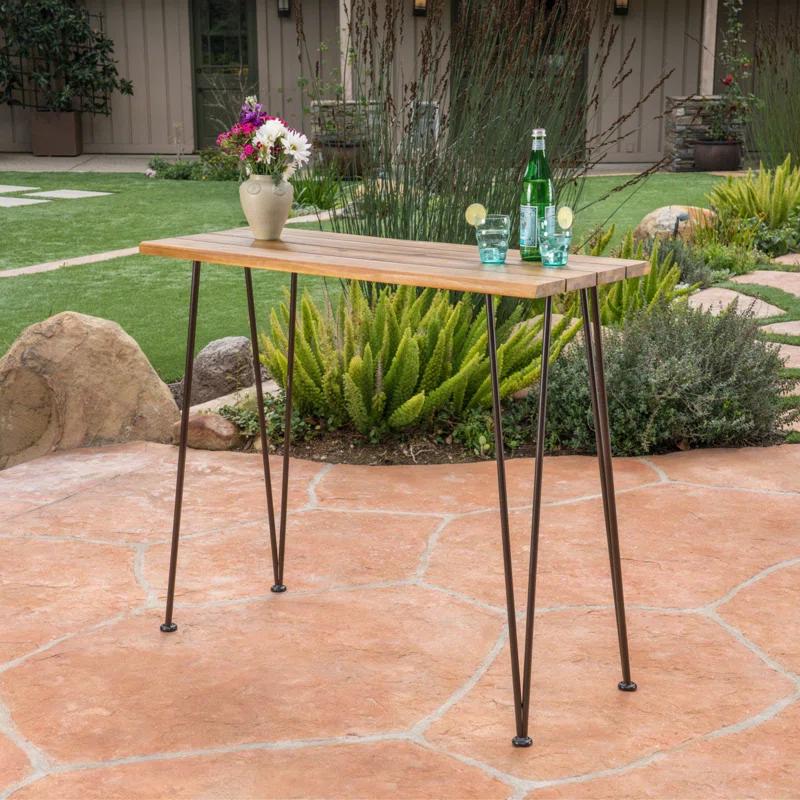 Union Rustic Loya Rectangular Acacia Wood Outdoor Bar Table