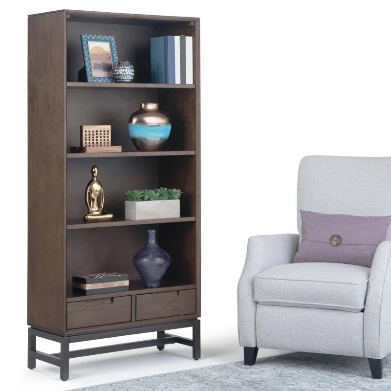 Banting 30"W Solid Wood 4 Shelf Industrial Bookcase with 2 Drawers, Adjustable Shelves, and Metal Base