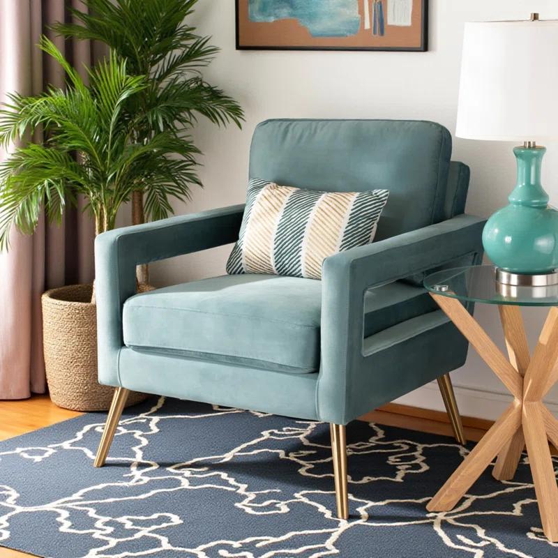 Everly Quinn Arbaaz Light Blue Velvet Fabric and Brushed Gold Leg Armchair, 34.5'' H X 29.1'' W X 34.5'' D