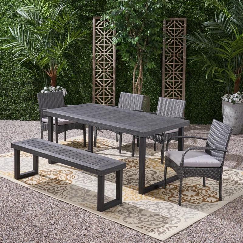 Williston Forge Rhinehart 6 - Person Acacia Wicker Patio Dining Set with Rectangular Table , Cushions Included