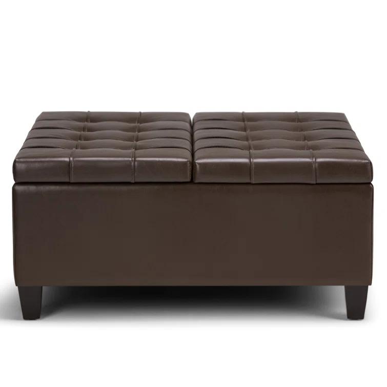 Simpli Home Harrison 36"W Upholstered Square Coffee Table Storage Ottoman with Split Lift Top