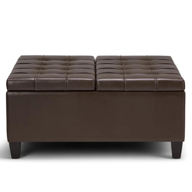 Simpli Home Harrison 36"W Upholstered Square Coffee Table Storage Ottoman with Split Lift Top