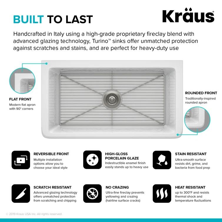 KRAUS Turino™ Reversible 33-inch L Fireclay Farmhouse Flat Apron Front Single Bowl Kitchen Sink with Bottom Grid