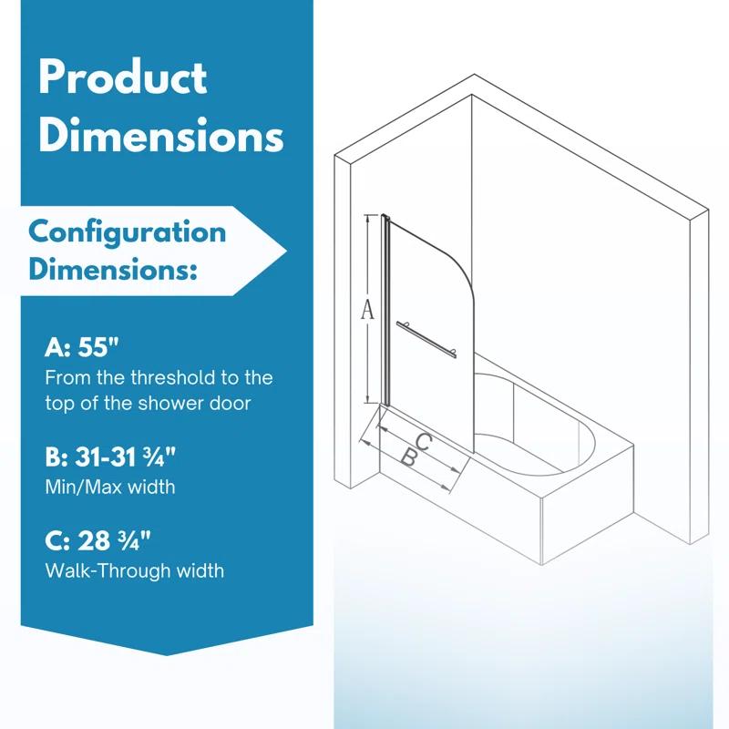 31"W x 55"H Frameless Folding Pivot Shower Tub Door Reversible Installation