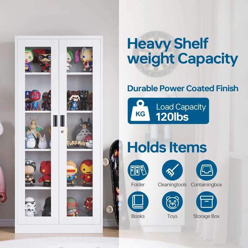 Display Cabinet With Glass Doors, Curio Cabinets With 4 Adjustable Shelves, Locking Glass Cabinet Display Case For Home, Office, Clinic, Pantry, Assemble Required