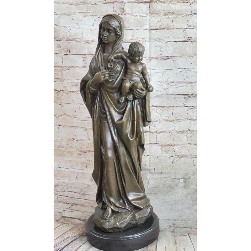 Bloomsbury Market Madonna Virgin Mary W/ Baby Jesus Bronze Statue Sculpture Figure 23 Inches X 8 Inches | Wayfair
