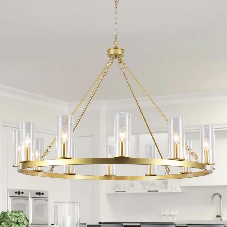 Mercer41 12 - Light Dimmable Wagon Wheel Chandelier With Clear Lampshade