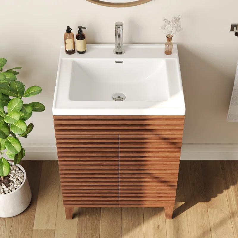 DeerValley  Cove 24" Bathroom Vanity with Ceramic Sink Top, Fully Assembled Mid-Century Wood Bathroom Cabinet Walnut & Reviews | Wayfair