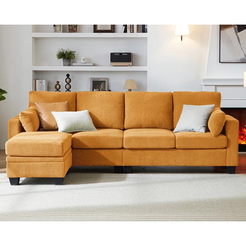 Latitude Run® Corduroy Modular Sectional Couch with Ottoman Chaise, L Shaped 4-seat Sofa for Living Room, Apartment, Lounge, Modern Armrest Neck Support Furniture