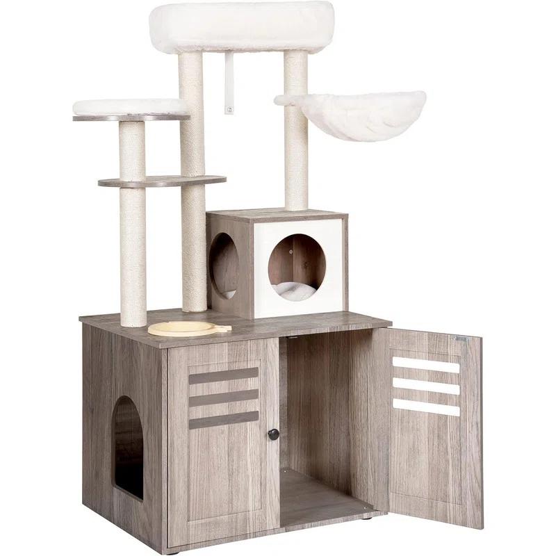 Wood Litter Box Enclosure with Food Station, All-in-one Indoor Cat Furniture with Large Platform and Condo