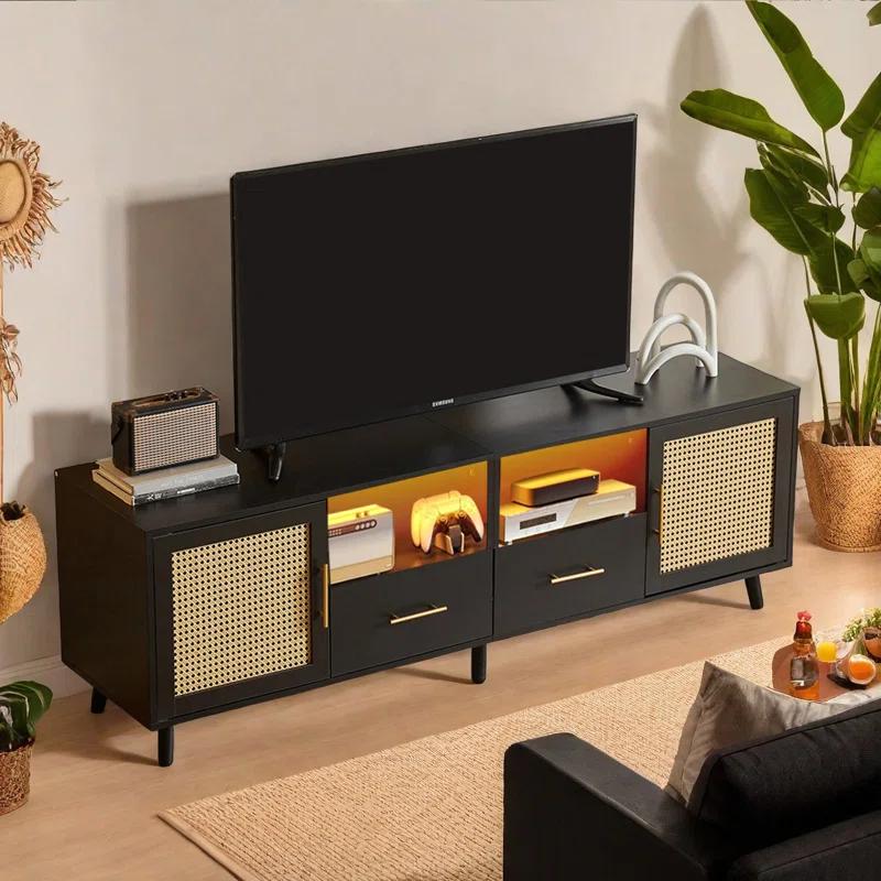 Bay Isle Home™ Heyer Large Wood Rattan TV Stand for TVs up to 75" with LED Light and Charging Station, Coastal Media Console Table, Multimedia Storage Furniture with 2 Drawers, Lighting TV Cabinet