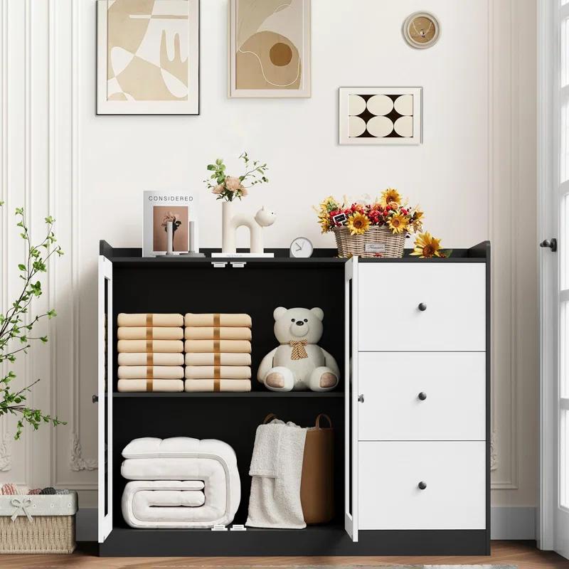 ZACOO Sideboard Buffet Cabinet With Storage, 43" Coffee Bar Cabinet With Glass Doors And 3 Drawers, Storage Cabinet With Adjustable Shelves