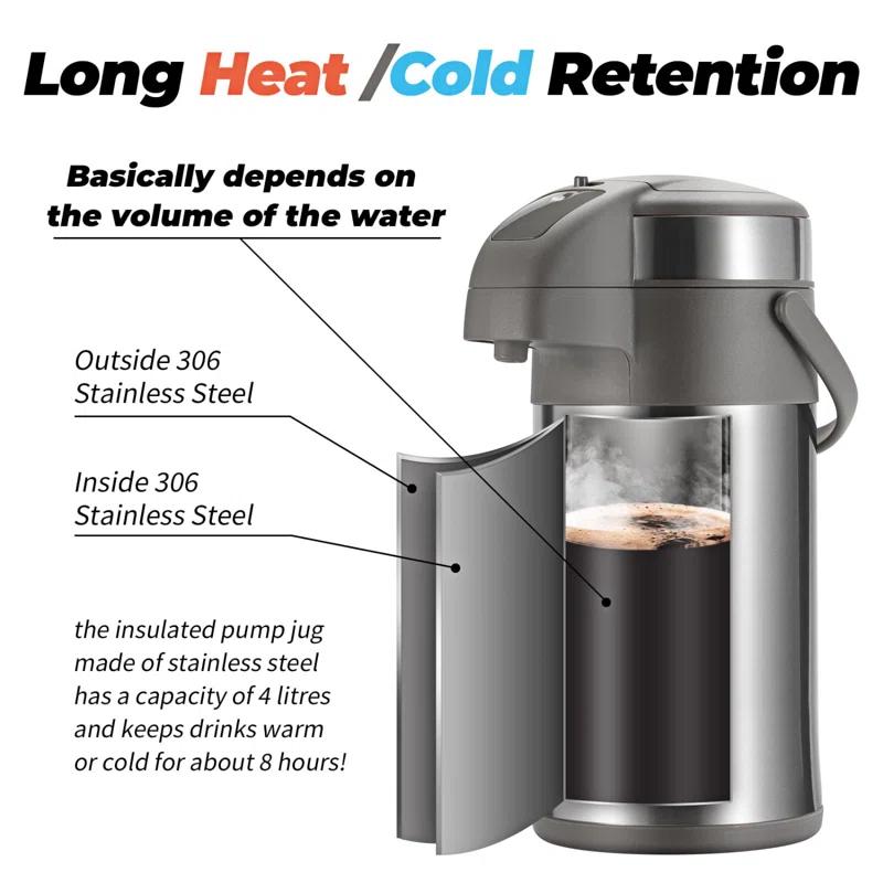 Stack man 4L/133OZ Thermal Coffee Carafe With Pump, Thermal Beverage Dispenser, Coffee Airpot Stainless Steel Coffee Carafe For Hot Drinks Silver