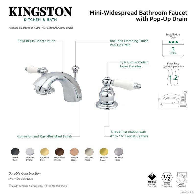Kingston Brass Victorian Two-Handle 3-Hole Deck Mount Mini-Widespread Bathroom Faucet with Plastic Pop-Up