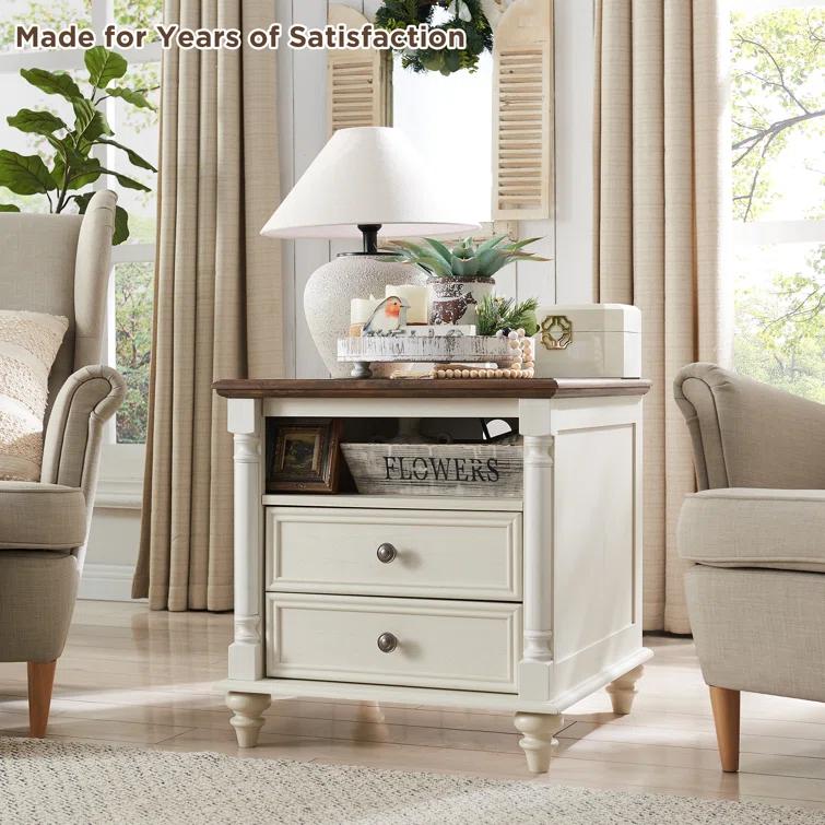 OKD Rushville Farmhouse 2 - Drawers Nightstand with Charging Station, Tall Rustic Wood Square End Table with Open Shelf