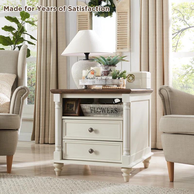 OKD Rushville Farmhouse 2 - Drawers Nightstand with Charging Station, Tall Rustic Wood Square End Table with Open Shelf