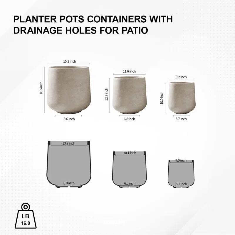 Kante Kante Round Concrete Planters, Outdoor Indoor Pots Containers with Drainage Holes Set