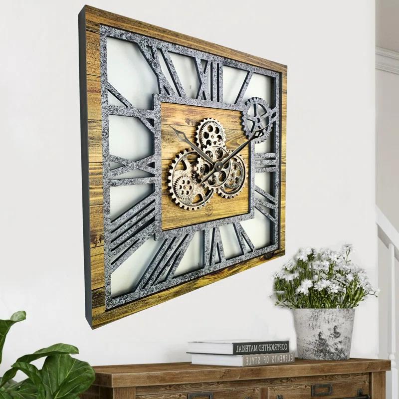 Wall Clock 24" Square Oversized for Living Room decor with Real Moving Gears America Collection