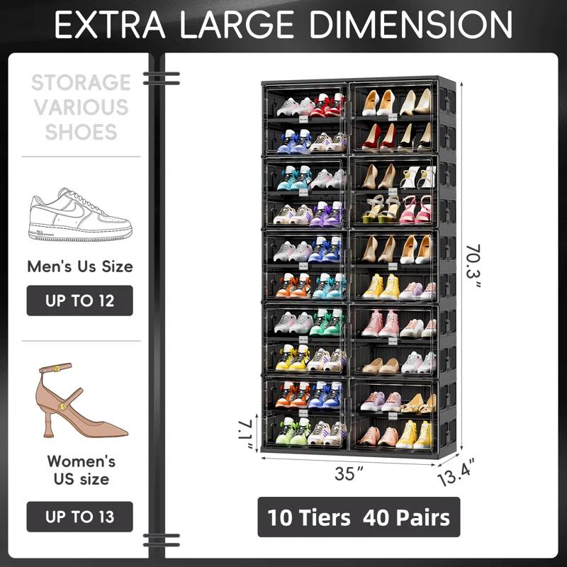 Rebrilliant 10 Tiers 40 Pairs Foldable Shoe Rack Organizer Fits Size 12, Large Shoe Cabinet With Magnetic Doors
