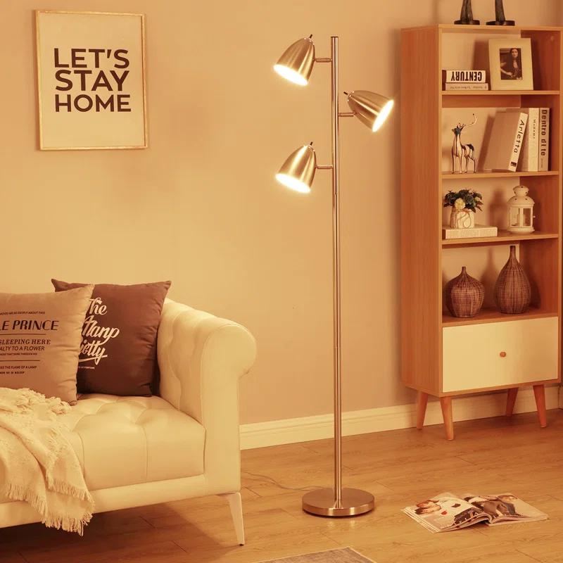 Brightech Jacob 64" Modern 3-Light Adjustable LED Floor Lamp with Silver Finish and Metal Cone Shades, Bulbs Included