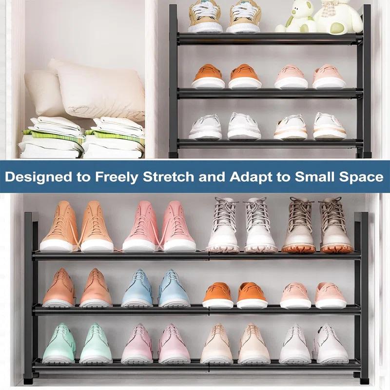 3-Tier Expandable Shoe Rack for Closet, 18''-33''Adjustable Shoe Rack for Small Space,Shoe Organizer