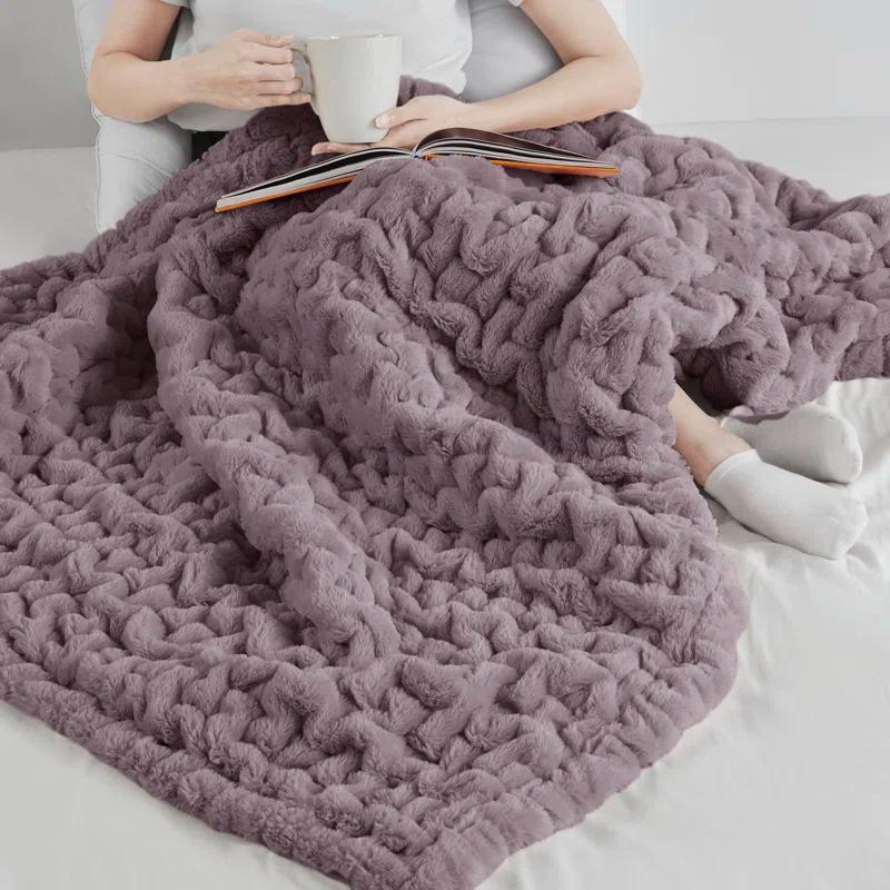 Madison Park Lavender Ruched Fur Throw 50x60"