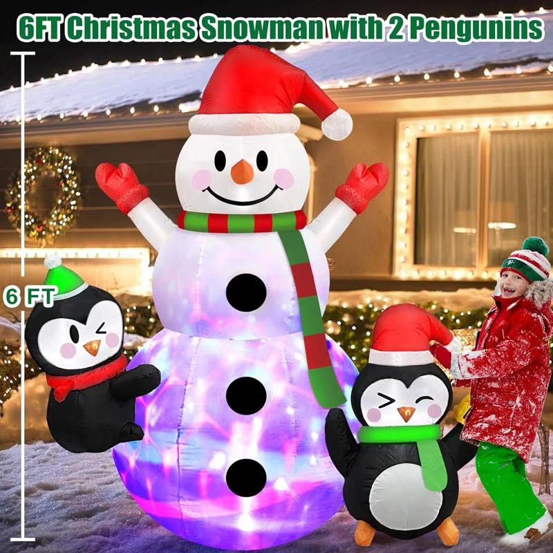 6 FT Christmas Inflatables Snowman With Penguins Built-In Rotating Colorful LED Lights Christmas Inflatable Outdoor Decoration, Christmas Blow Ups For Yard Garden Lawn Xmas Holiday Decor