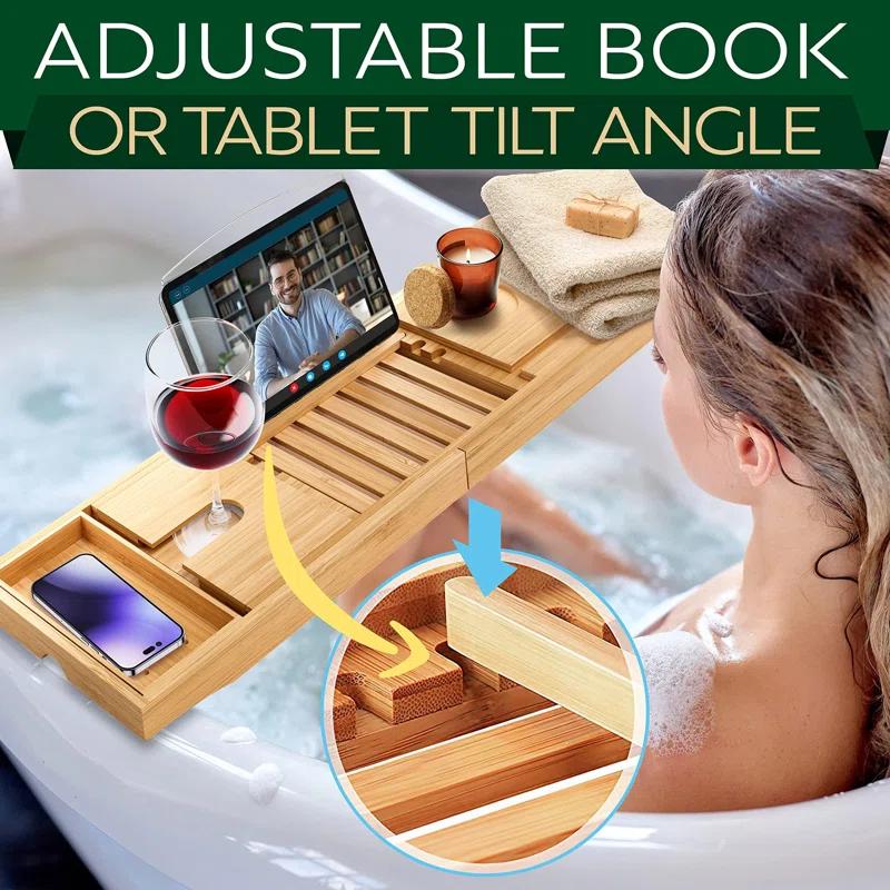 Latitude Run® Luxury Bamboo Bathtub Caddy Tray - Adjustable, Waterproof, With Wine Holder And Phone Slot For Relaxing Baths