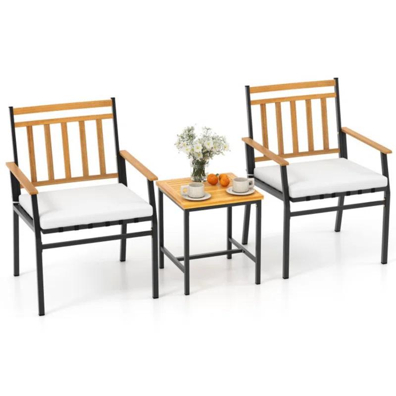 Gracie Oaks 3 Pieces Acacia Wood Bistro Set Patio Conversation Set With Cushions And Coffee Table Outdoor Bistro Table And Chairs Set