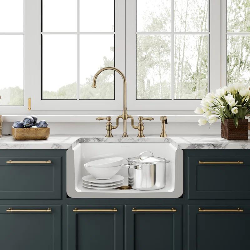 Whitehaus Collection WHRP2418-W Whitehaus Collection Reversible Fireclay Kitchen Sink with Grid: Three Edge Frame, Plain Front Apron